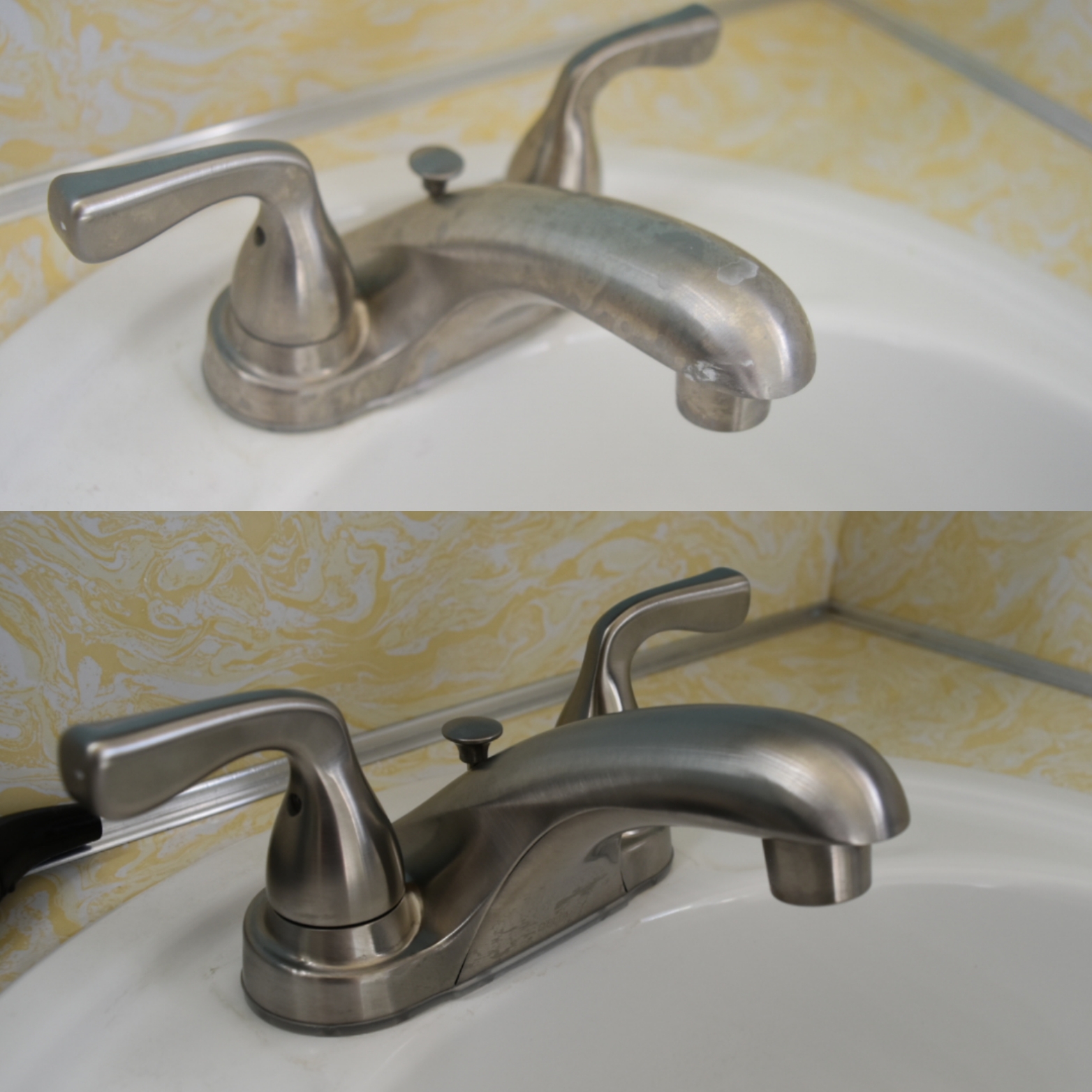 Before and after hard water removal from a bathroom faucet in Idaho