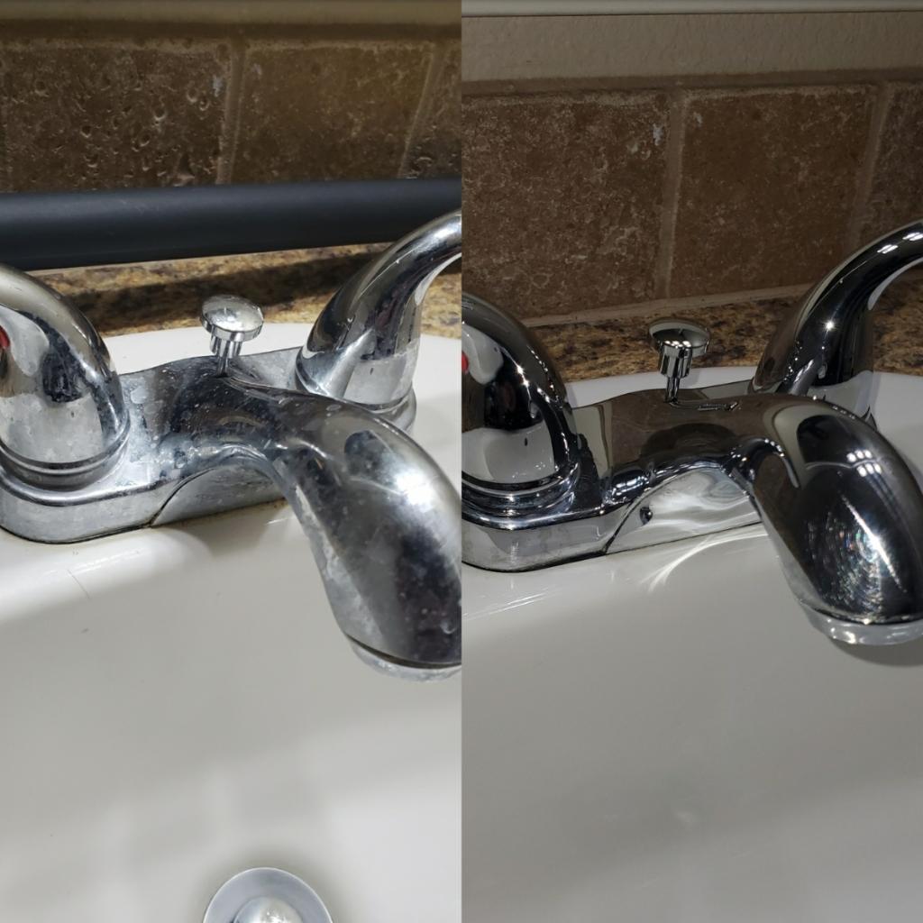 Before and after hard water removal from a kitchen faucet in Idaho