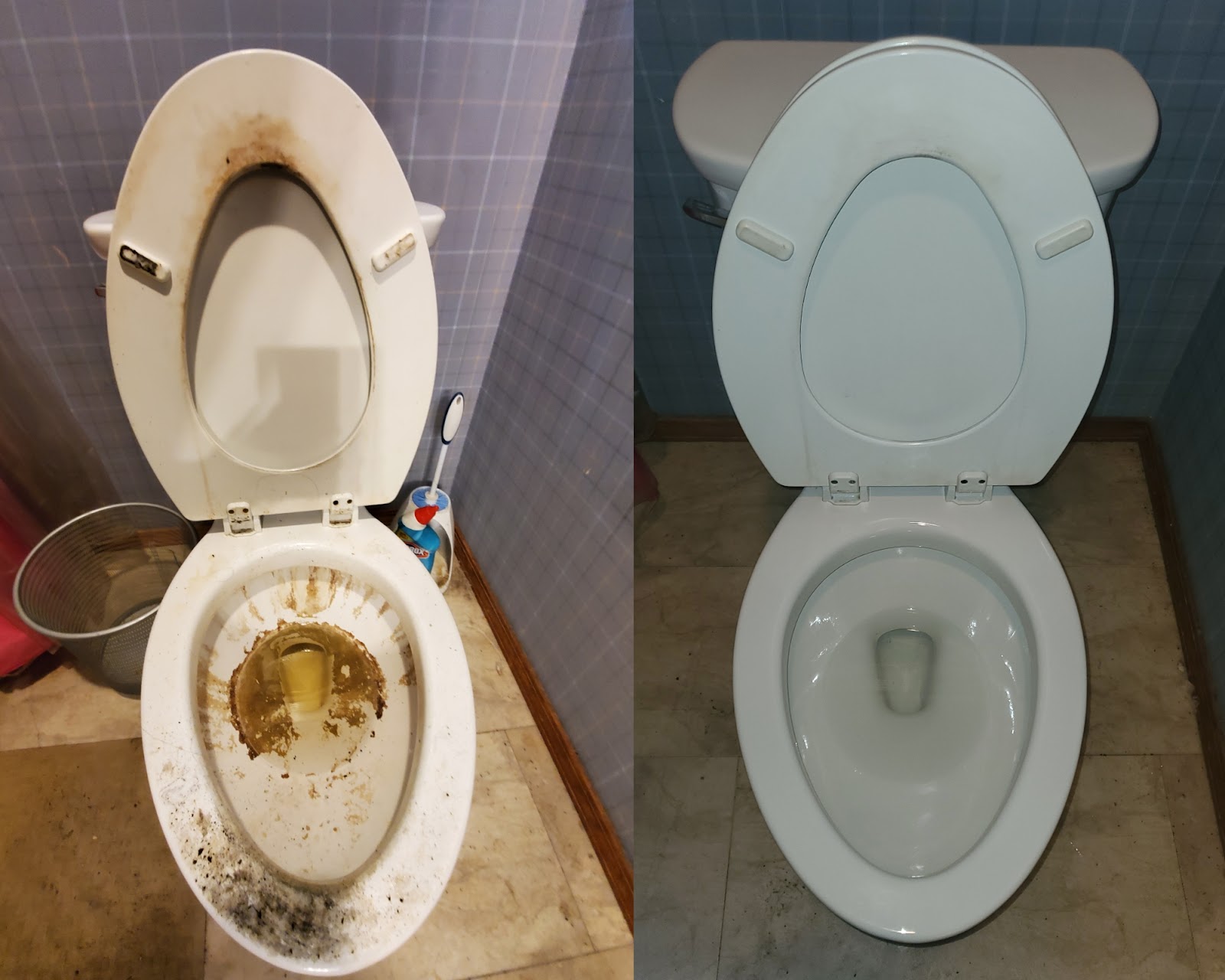 Before and after toilet deep cleaning in an Idaho home
