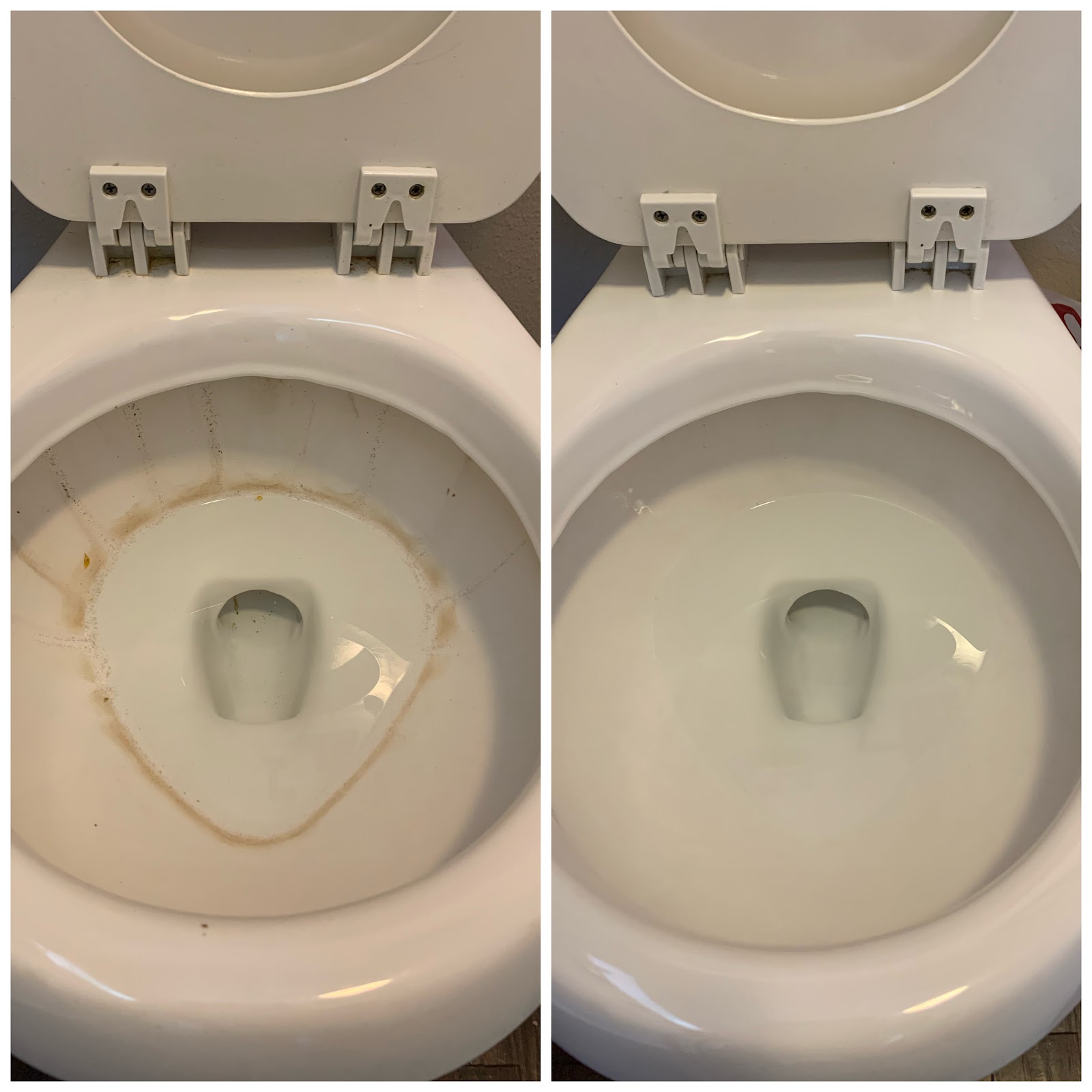 Before and after hard water mineral removal from a toilet by Sophisticated Cleaners in Idaho